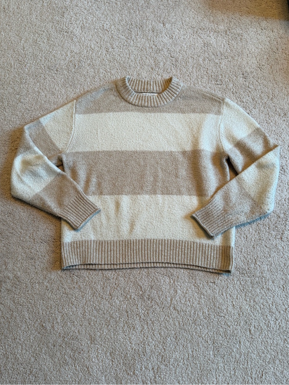 American Eagle Outfitters Men's Striped Crewneck Sweater - Beige and Cream